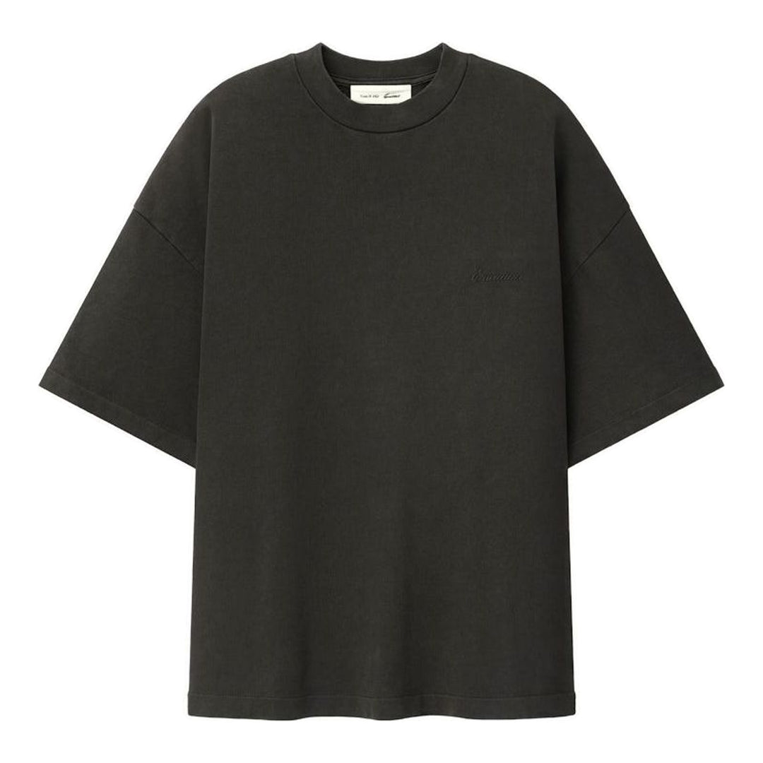 Fear of God Essentials Signature 90's Short Sleeve Tee in washed charcoal with oversized boxy fit and tonal embroidered script logo on the chest - packshot