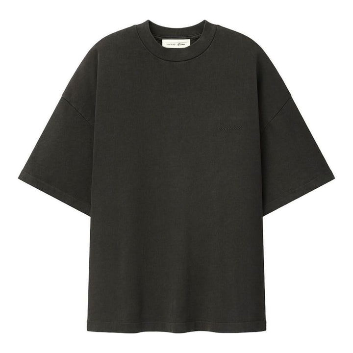 Fear of God Essentials Signature 90's Short Sleeve Tee in washed charcoal with oversized boxy fit and tonal embroidered script logo on the chest - packshot