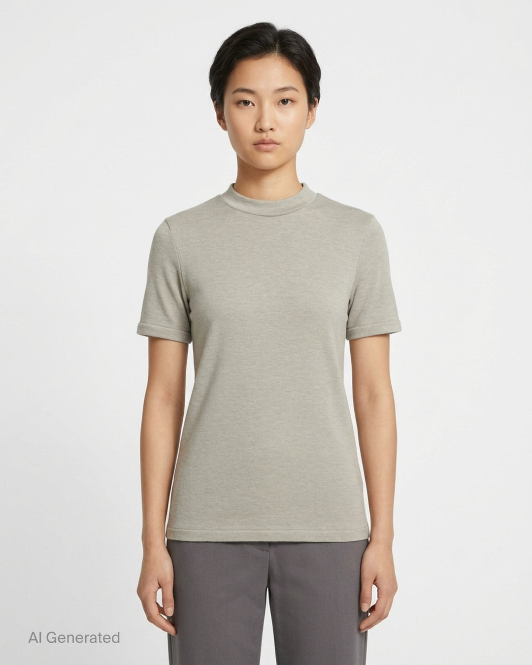 Fear of God Essentials women's tight tee in heathered taupe-grey with mock neckline and short sleeves, shown flat against a white background - front