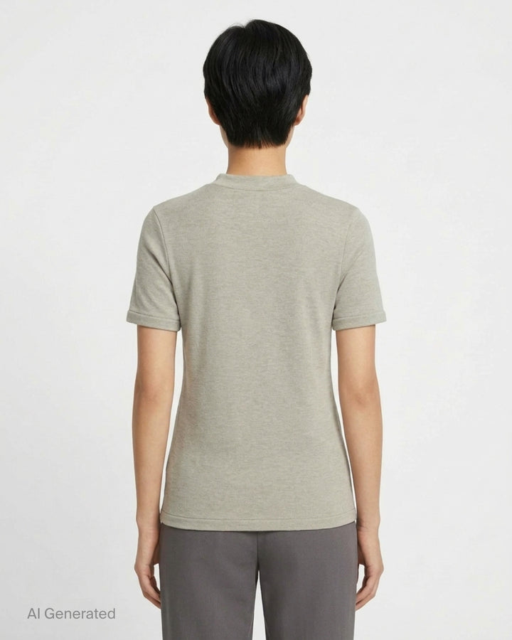 Fear of God Essentials women's tight tee in heathered taupe-grey with mock neckline and short sleeves, shown flat against a white background - back