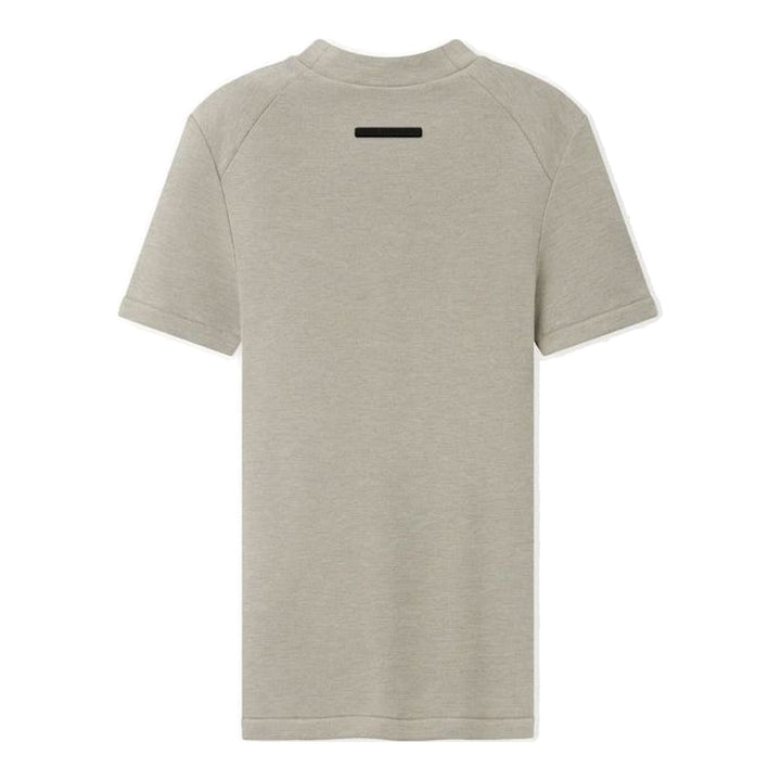 Fear of God Essentials women's tight tee in heathered taupe-grey with mock neckline and short sleeves, shown flat against a white background - packshot