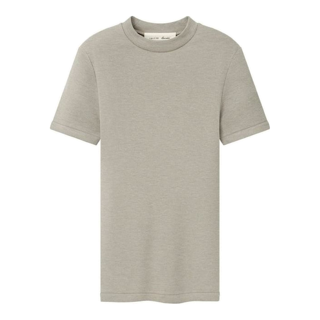 Fear of God Essentials women's tight tee in heathered taupe-grey with mock neckline and short sleeves, shown flat against a white background - packshot