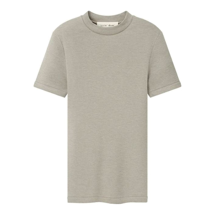 Fear of God Essentials women's tight tee in heathered taupe-grey with mock neckline and short sleeves, shown flat against a white background - packshot