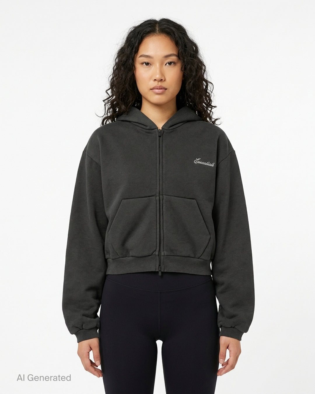 Fear of God Essentials women's modern cropped zip hoodie in washed black with embroidered script Essentials logo on the chest and front hand pockets - front