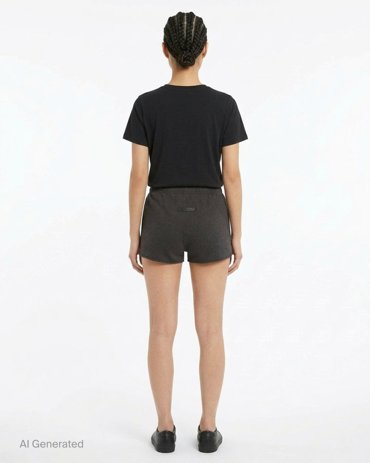 Fear of God ESSENTIALS women's black jersey shorts with elasticated waistband and tonal rubberised ESSENTIALS logo plaque - back