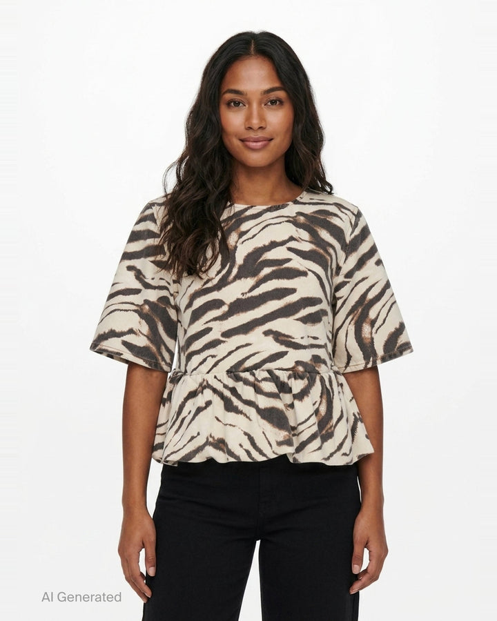 Animal Print Denim Flounce Top | Ganni | Club21 - front
