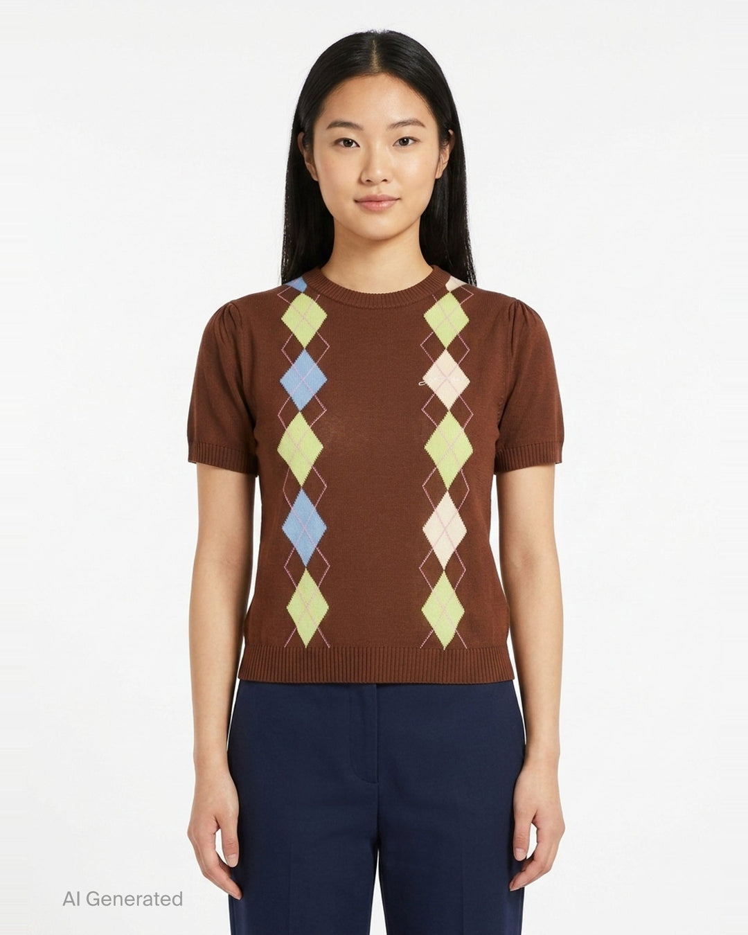 Argyle Knit Short Sleeve Tee | Ganni | Club21 - front