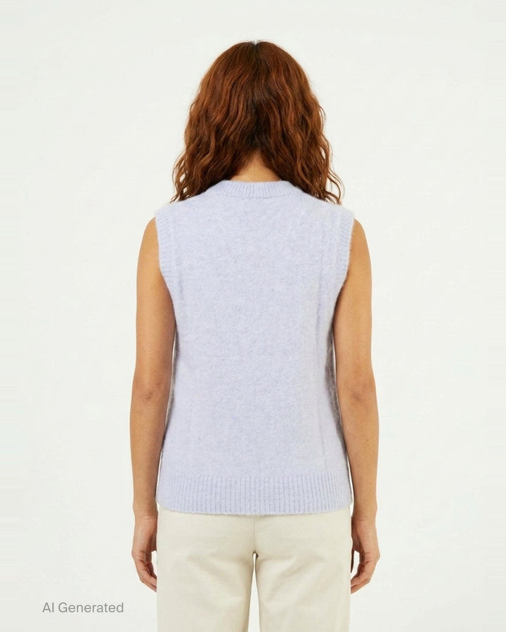 Ganni Brushed Alpaca Teddy Vest in pale lavender with intarsia teddy bear and rock-style logo graphic on the front - back