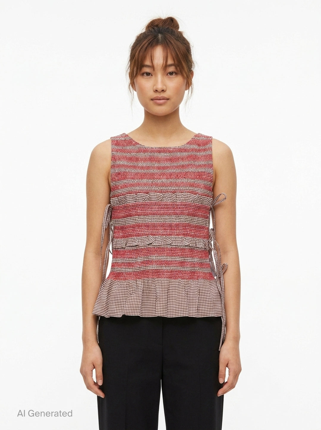 Check Cotton Smocked Tie Top | Ganni | Club21 - front