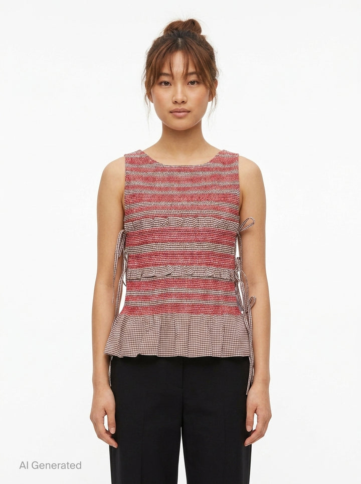 Check Cotton Smocked Tie Top | Ganni | Club21 - front