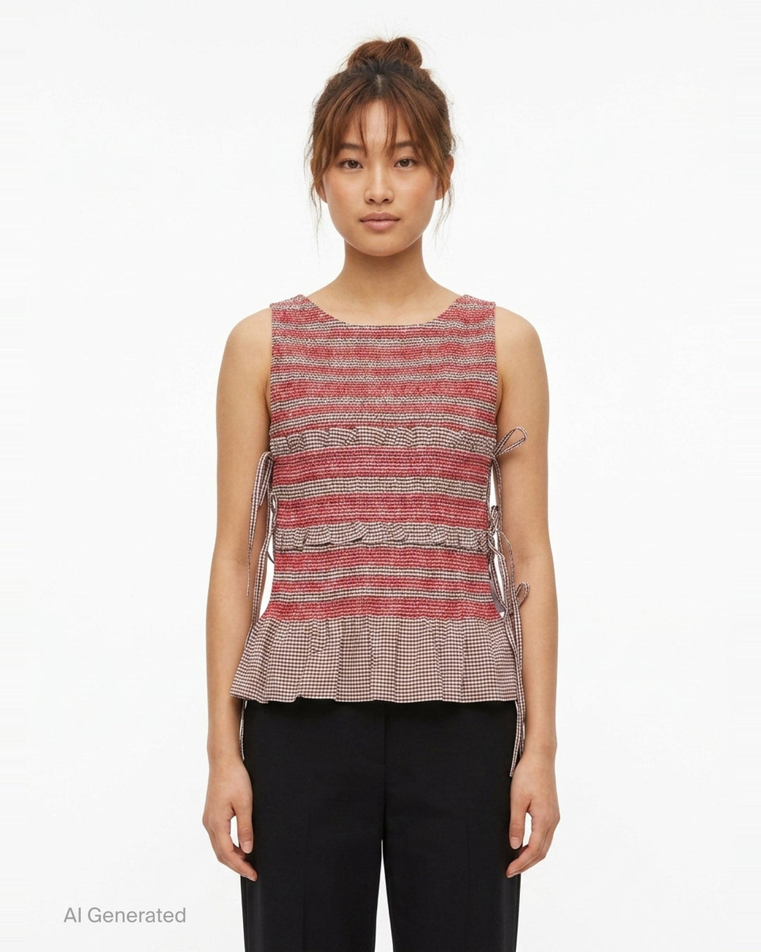 Check Cotton Smocked Tie Top | Ganni | Club21 - front
