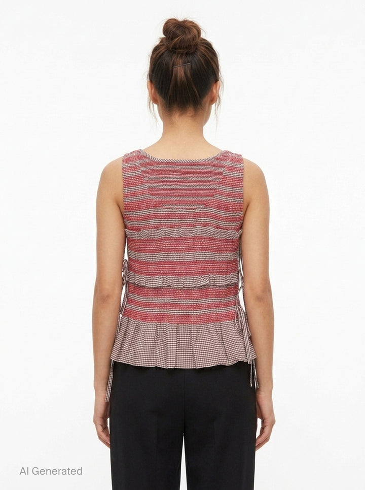 Check Cotton Smocked Tie Top | Ganni | Club21 - back