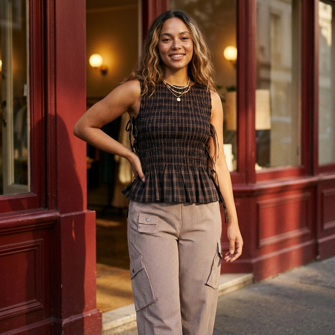 Check Smocked Tie Blouse | Ganni | Club21 - lifestyle