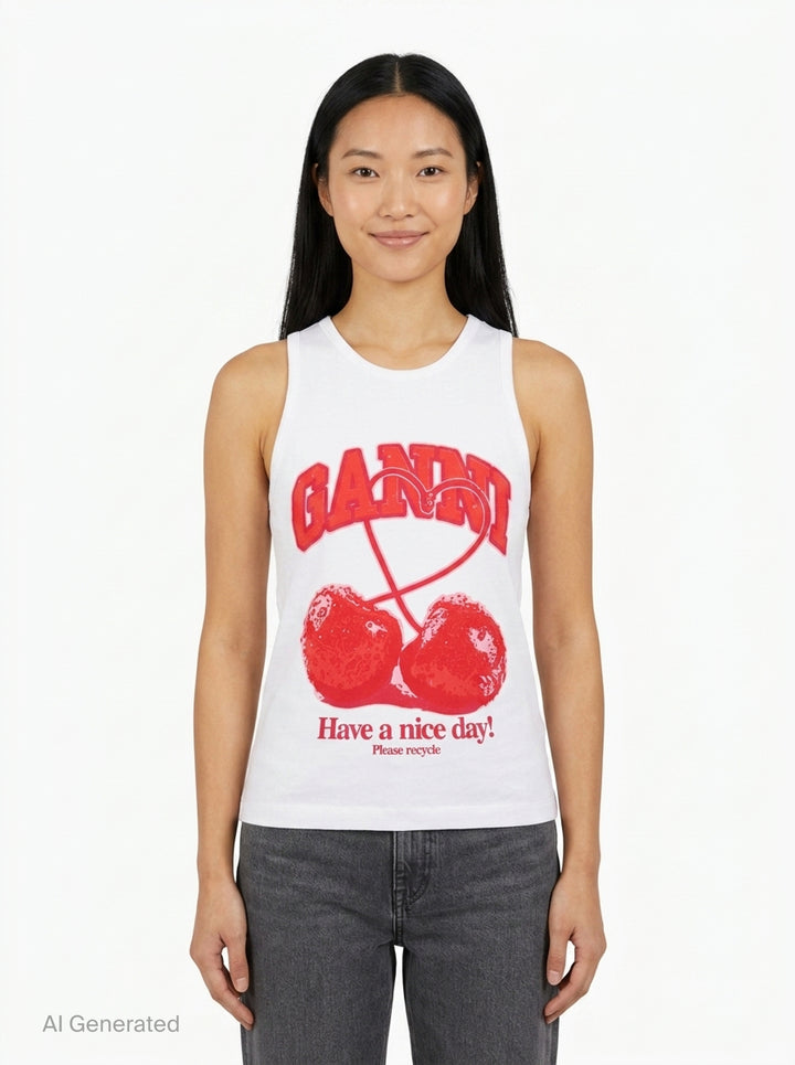 Cherry Print Rib Tank | Ganni | Club21 - front