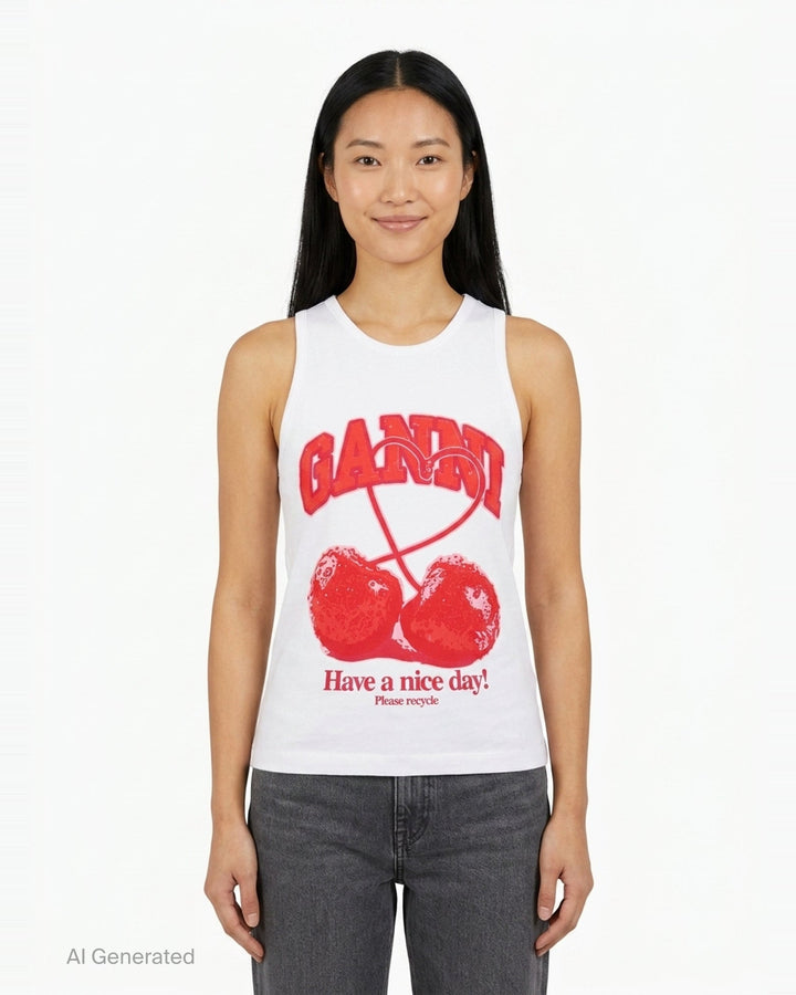 Cherry Print Rib Tank | Ganni | Club21 - front