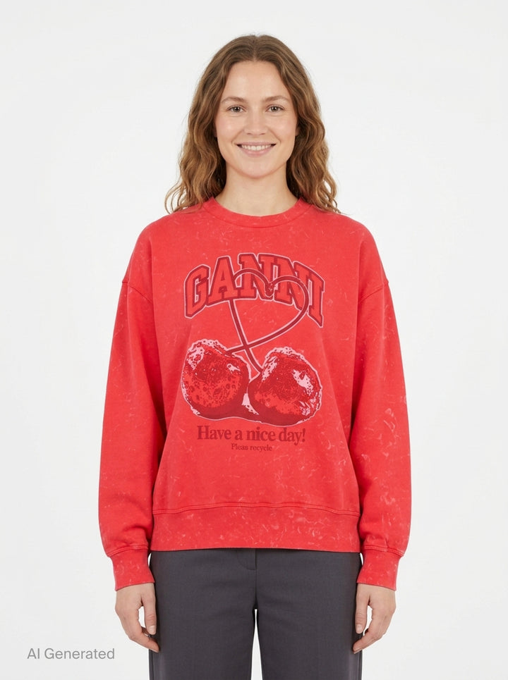 Cherry Washed Crewneck Sweatshirt | Ganni | Club21 - front