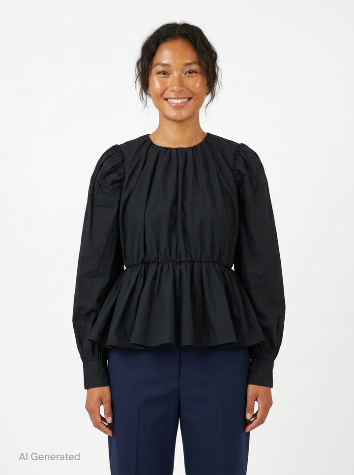 Ganni Compact Poplin Gathered Peplum Top in black, featuring a ruched neckline, voluminous long sleeves with elasticated cuffs, and a flared peplum hem with elasticated waistband - front