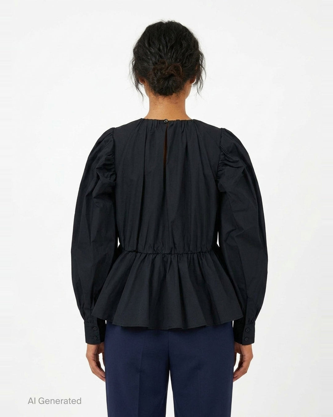 Ganni Compact Poplin Gathered Peplum Top in black, featuring a ruched neckline, voluminous long sleeves with elasticated cuffs, and a flared peplum hem with elasticated waistband - back