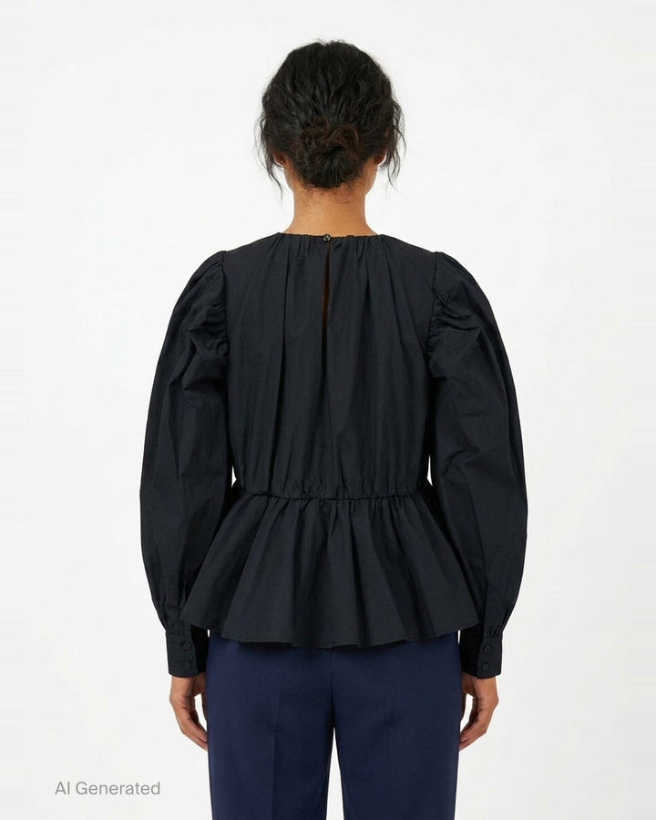 Ganni Compact Poplin Gathered Peplum Top in black, featuring a ruched neckline, voluminous long sleeves with elasticated cuffs, and a flared peplum hem with elasticated waistband - back