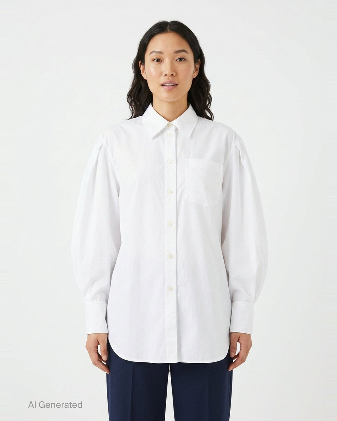 Ganni Compact Poplin Pleated Sleeve Shirt in white, featuring voluminous gathered sleeves, button-front placket with pearlescent buttons, and a patch chest pocket - front