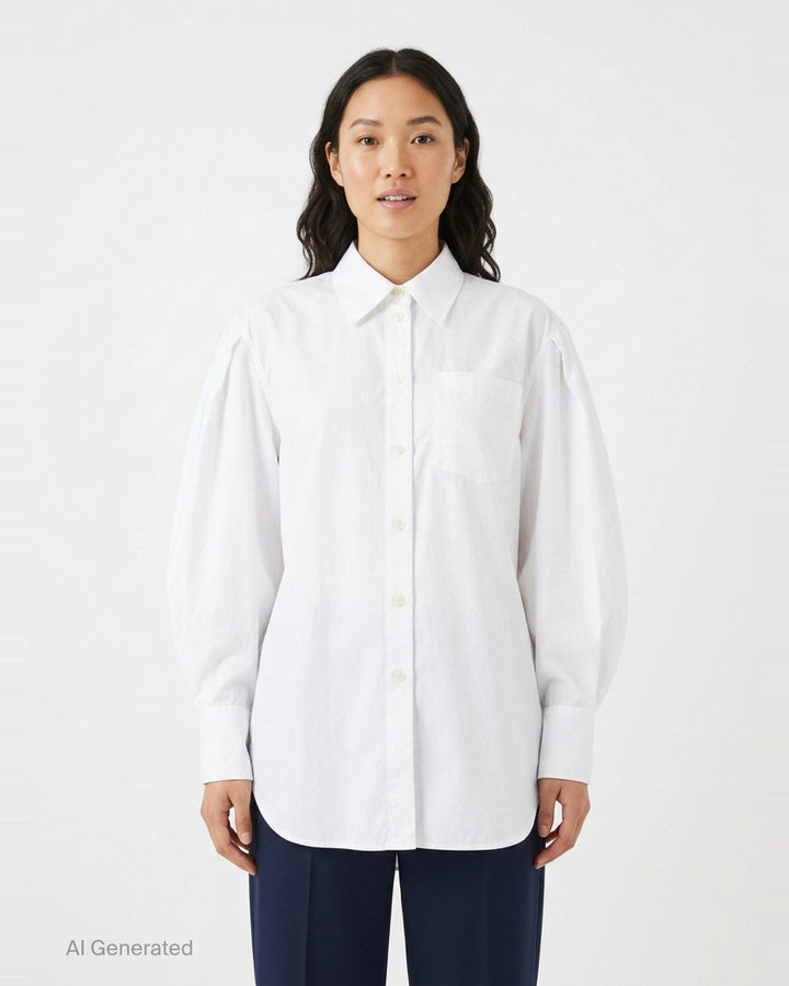 Ganni Compact Poplin Pleated Sleeve Shirt in white, featuring voluminous gathered sleeves, button-front placket with pearlescent buttons, and a patch chest pocket - front