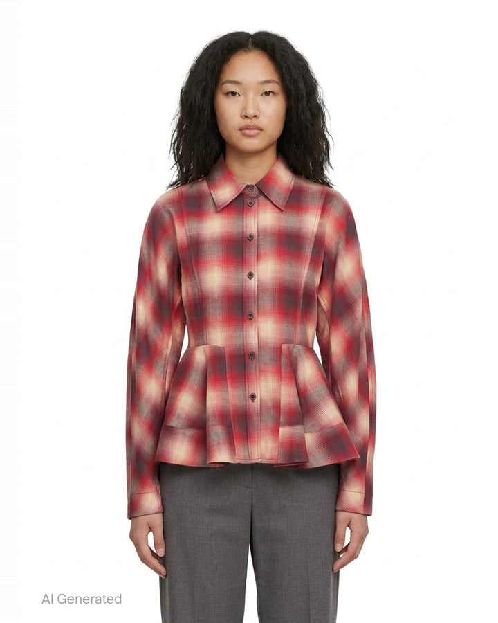 Cotton Flannel Check Peplum Shirt | Ganni | Club21 - front