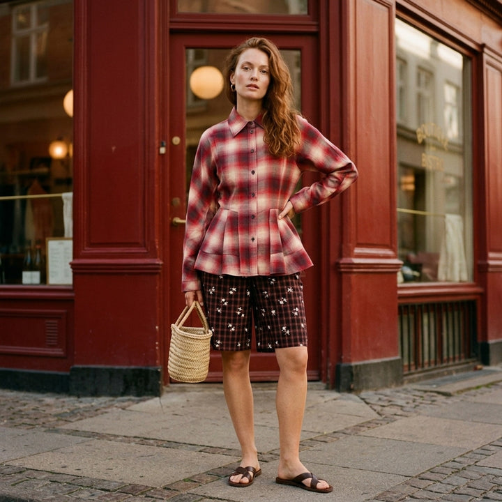Cotton Flannel Check Peplum Shirt | Ganni | Club21 - lifestyle