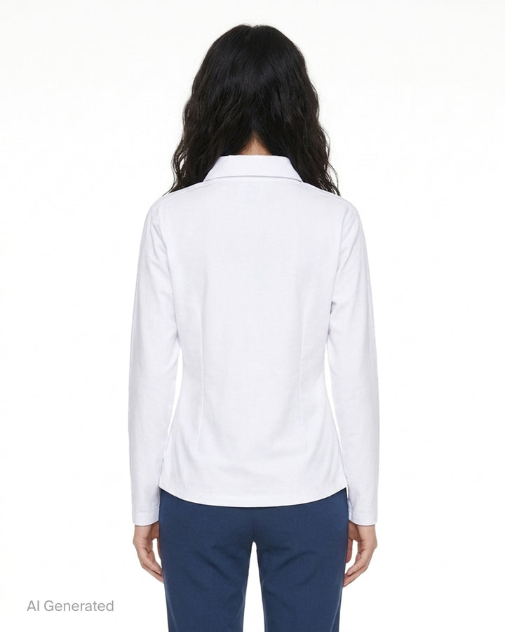 White long sleeve polo top with pointed collar, crystal buttons and ruched side draping - back