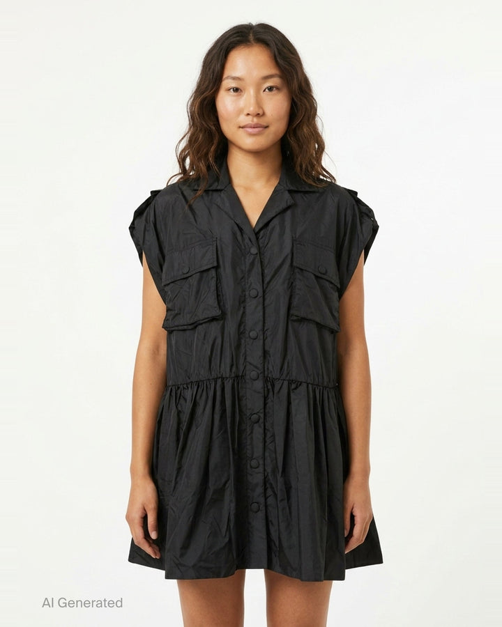 Ganni Flyweight Nylon Mini Utility Dress in black, featuring a camp collar, tonal snap button placket, oversized chest cargo pockets, and a gathered tiered flared skirt - front