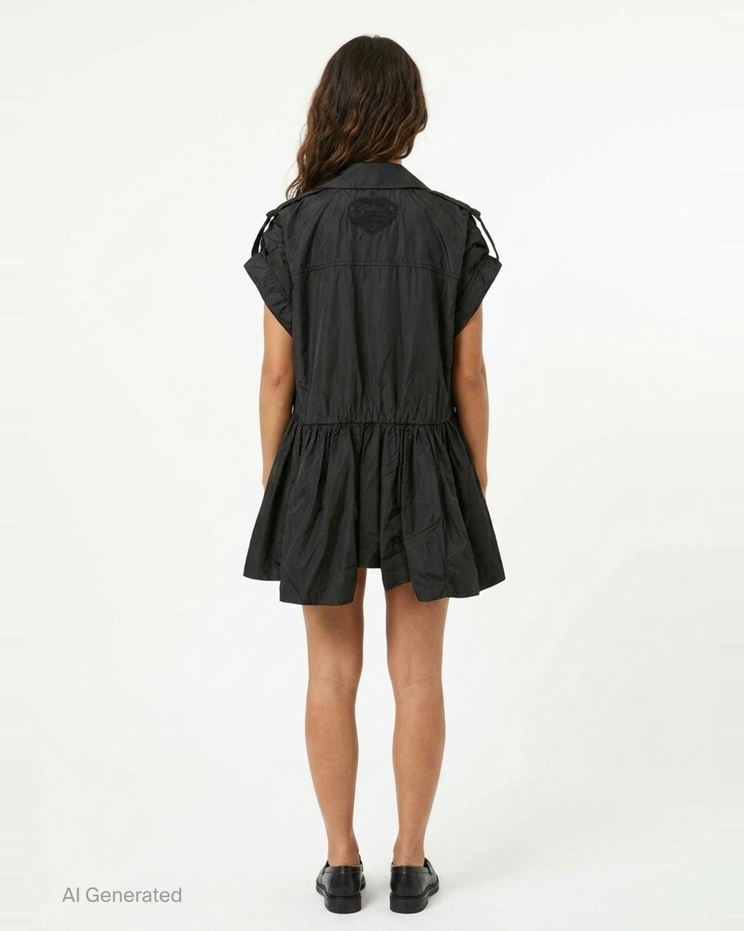 Ganni Flyweight Nylon Mini Utility Dress in black, featuring a camp collar, tonal snap button placket, oversized chest cargo pockets, and a gathered tiered flared skirt - back