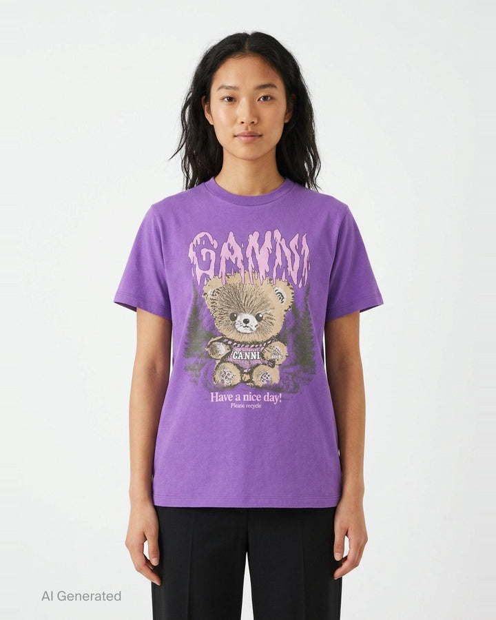 Ganni Future Heavy Relaxed Tee in purple with gothic pink dripping logo text and distressed teddy bear graphic holding a Ganni sign, set against a forest illustration, with 'Have a nice day! Please recycle' text below - front