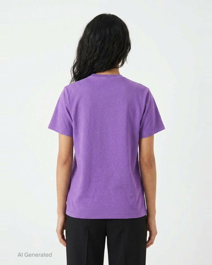 Ganni Future Heavy Relaxed Tee in purple with gothic pink dripping logo text and distressed teddy bear graphic holding a Ganni sign, set against a forest illustration, with 'Have a nice day! Please recycle' text below - back