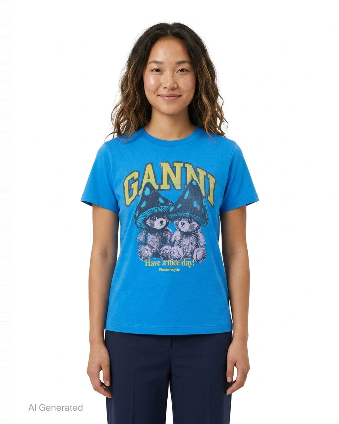 Ganni Heavy Jersey Baby Fit Tee in bright blue with collegiate Ganni logo, mushroom bear graphic, and 'Have a nice day! Please recycle' slogan print on the chest - front