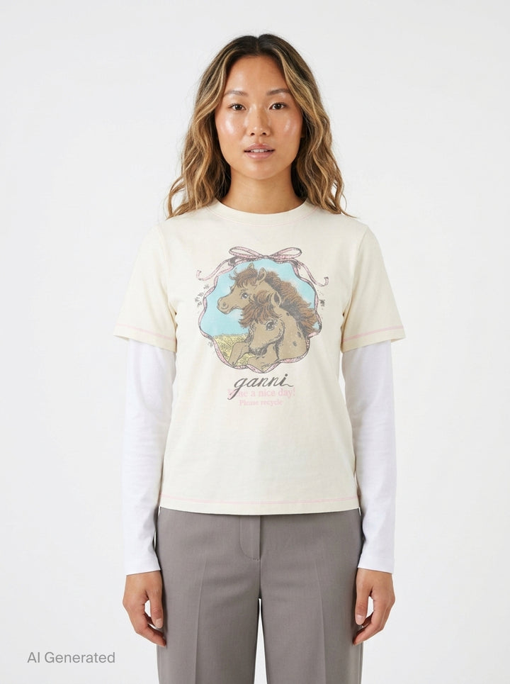 Heavy Stretch Cotton Layered Tee | Ganni | Club21 - front