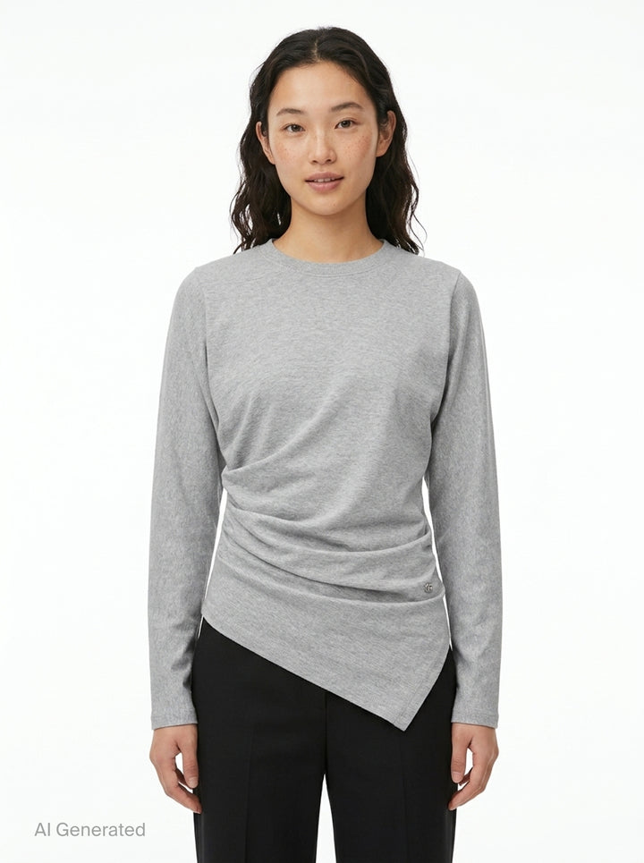 Ganni Heavy Stretch Cotton Draped Top in grey marl with long sleeves, crew neck, and asymmetric ruched waist detail - front