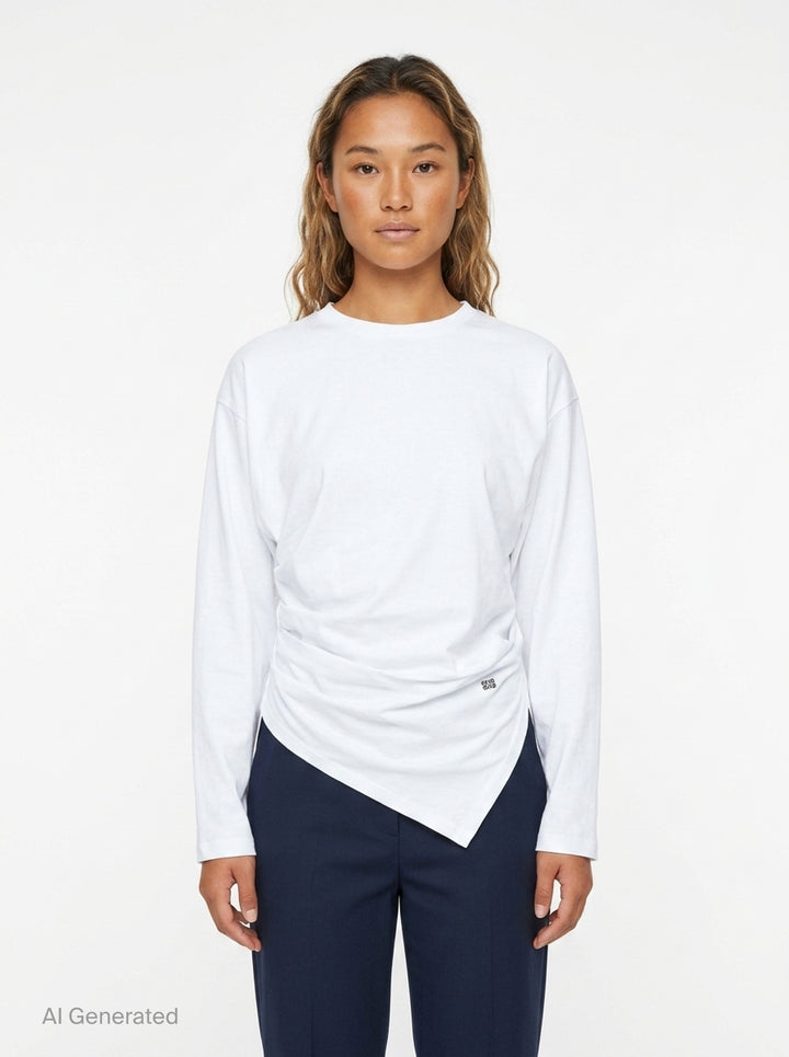 Ganni Heavy Stretch Cotton Draped Top in grey marl with long sleeves, crew neck, and asymmetric ruched waist detail - front