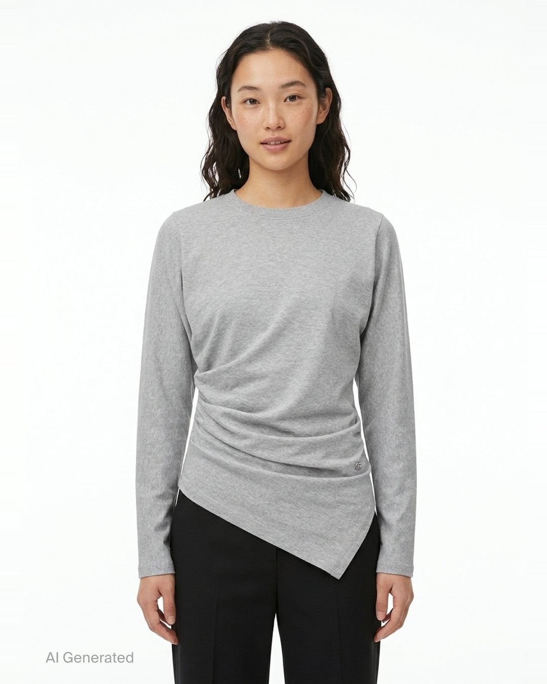 Ganni Heavy Stretch Cotton Draped Top in grey marl with long sleeves, crew neck, and asymmetric ruched waist detail - front