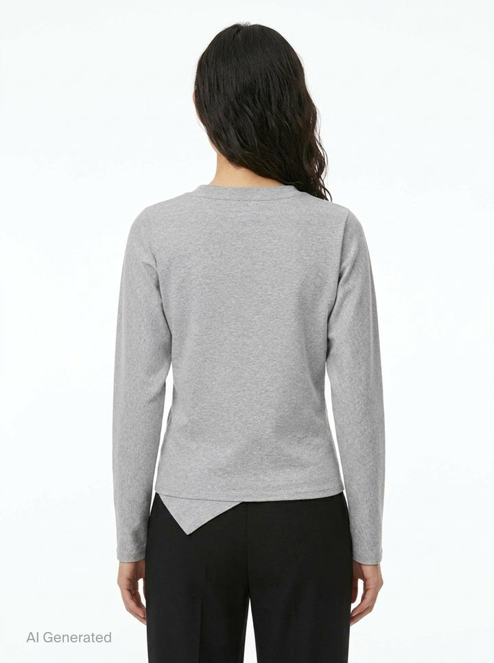 Ganni Heavy Stretch Cotton Draped Top in grey marl with long sleeves, crew neck, and asymmetric ruched waist detail - back