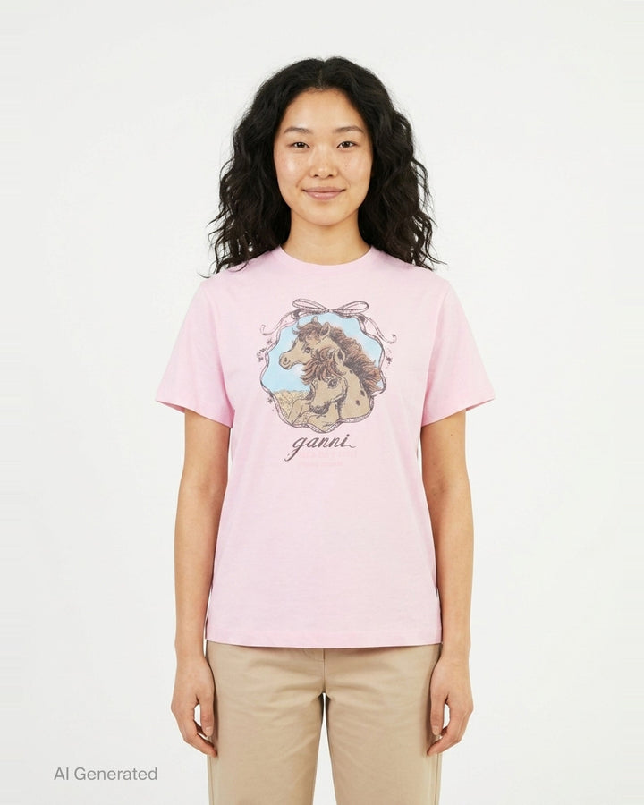 Horse Graphic Cotton Jersey Tee | Ganni | Club21 - front