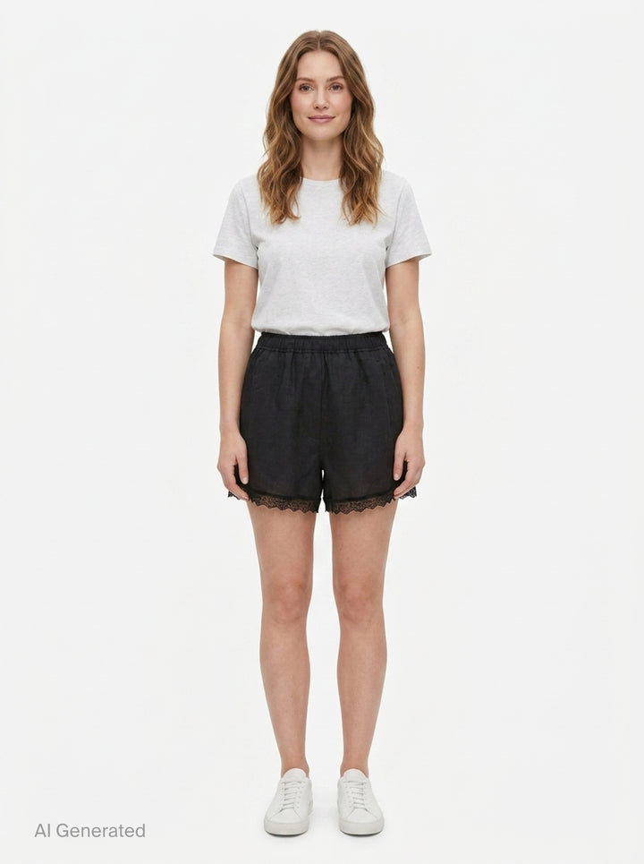 Light Linen Lace Hem Shorts | Ganni | Club21 - front