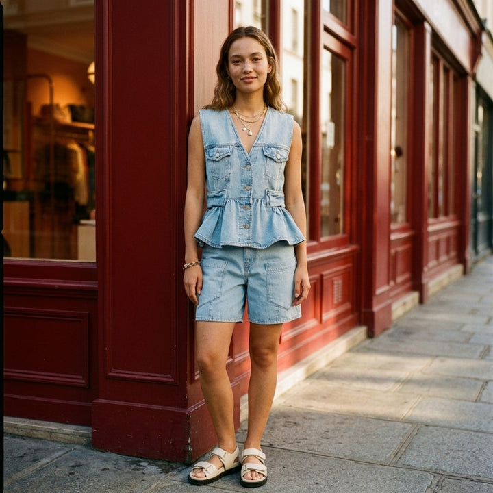 Lightweight Denim Peplum Vest | Ganni | Club21 - lifestyle