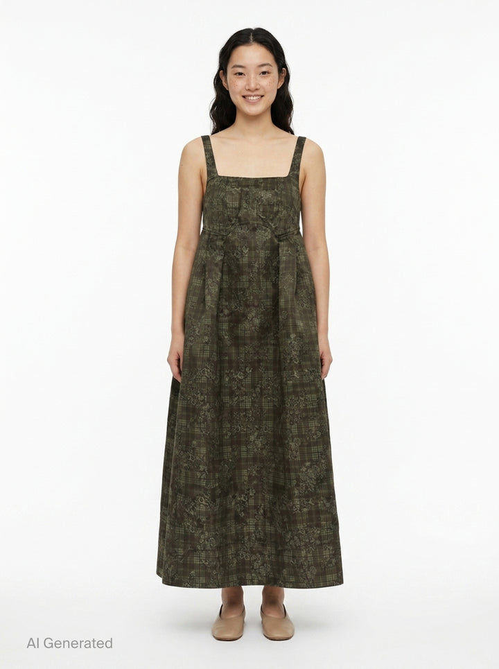 Ganni Printed Duchesse Satin Corset Dress in dark olive green plaid floral jacquard, featuring a square neckline, structured bodice, and full pleated A-line midi skirt - front