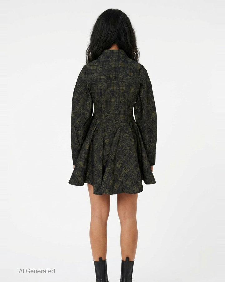 Ganni Printed Stretch Cotton Peplum Dress in dark green floral tartan, featuring a point collar, button-through front, and voluminous gathered skirt with ruffle hem - back