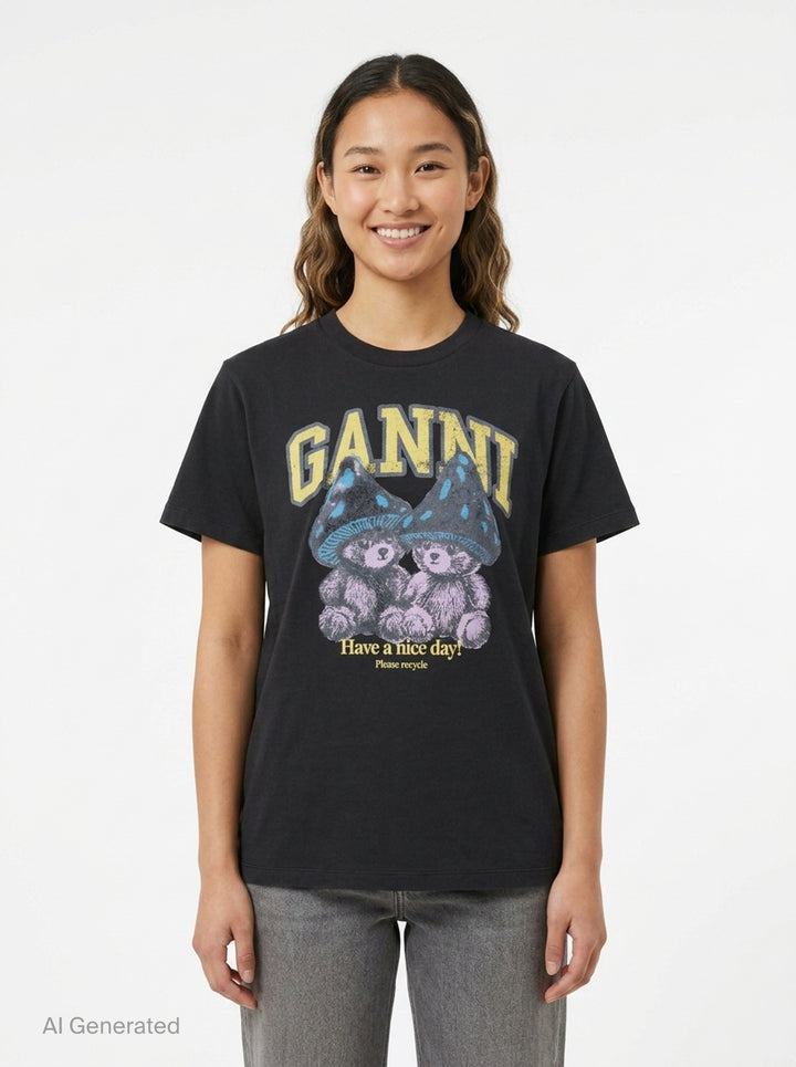 Ganni washed black relaxed cotton tee with distressed collegiate 'GANNI' lettering and a twin teddy bear mushroom graphic print reading 'Have a nice day! Please recycle' - front