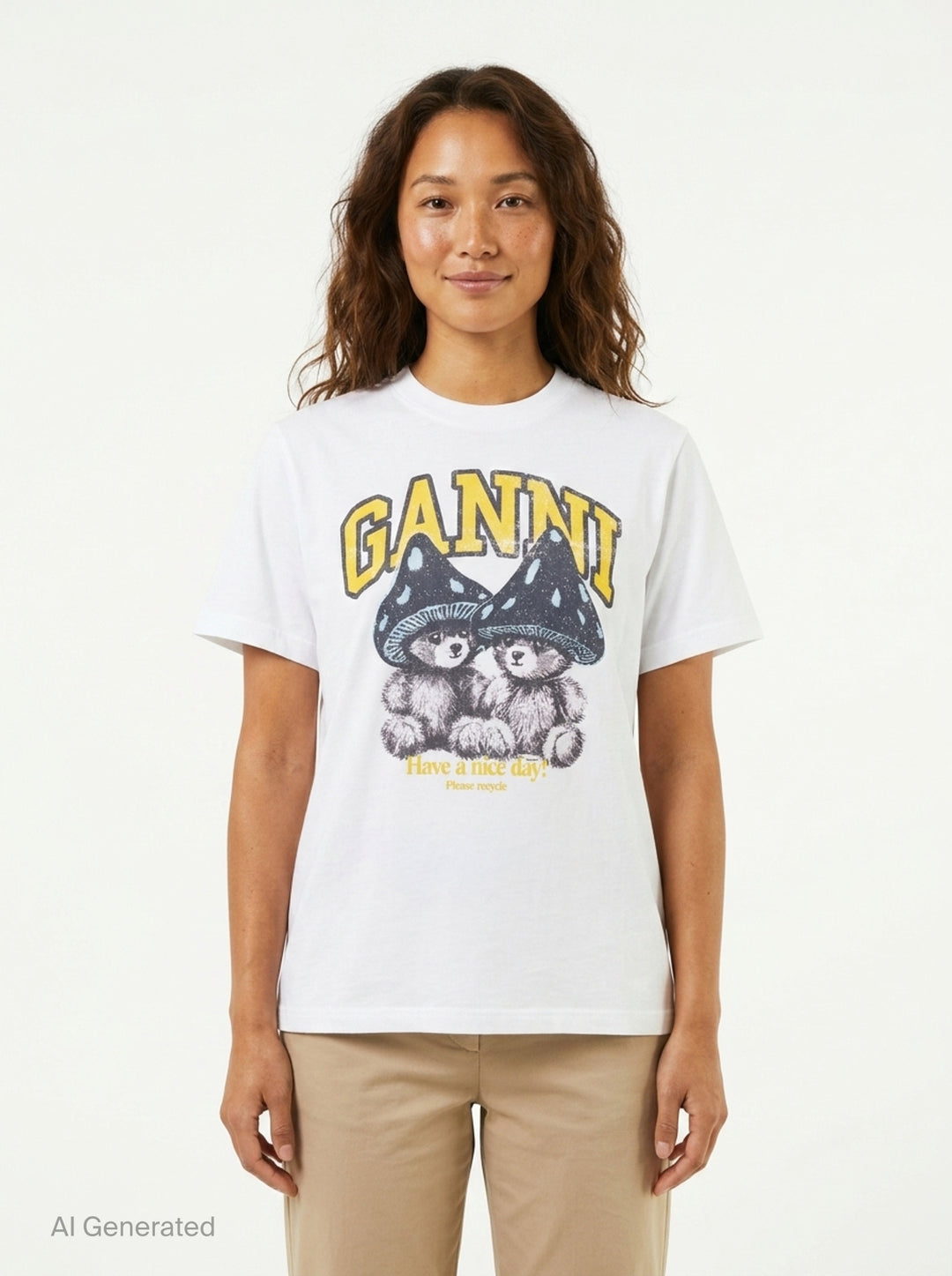 Ganni white relaxed cotton t-shirt with collegiate 'Ganni' lettering above a distressed graphic of two fuzzy bears wearing mushroom caps, with 'Have a nice day! Please recycle' text beneath - front