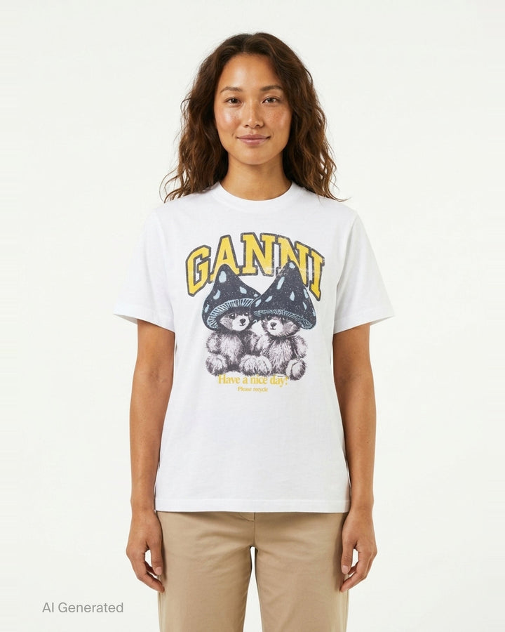 Ganni white relaxed cotton t-shirt with collegiate 'Ganni' lettering above a distressed graphic of two fuzzy bears wearing mushroom caps, with 'Have a nice day! Please recycle' text beneath - front