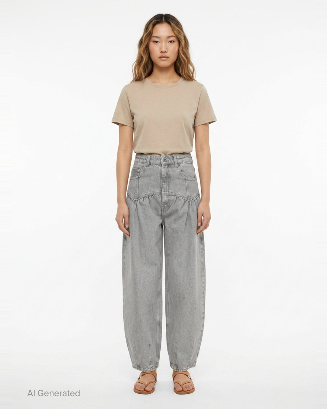 Ganni Rigid Denim Corset Jeans in light grey, featuring a high-rise waist, ruched corset seaming at the hip, and a wide balloon-leg silhouette tapering to small hem vents — front view on white background - front