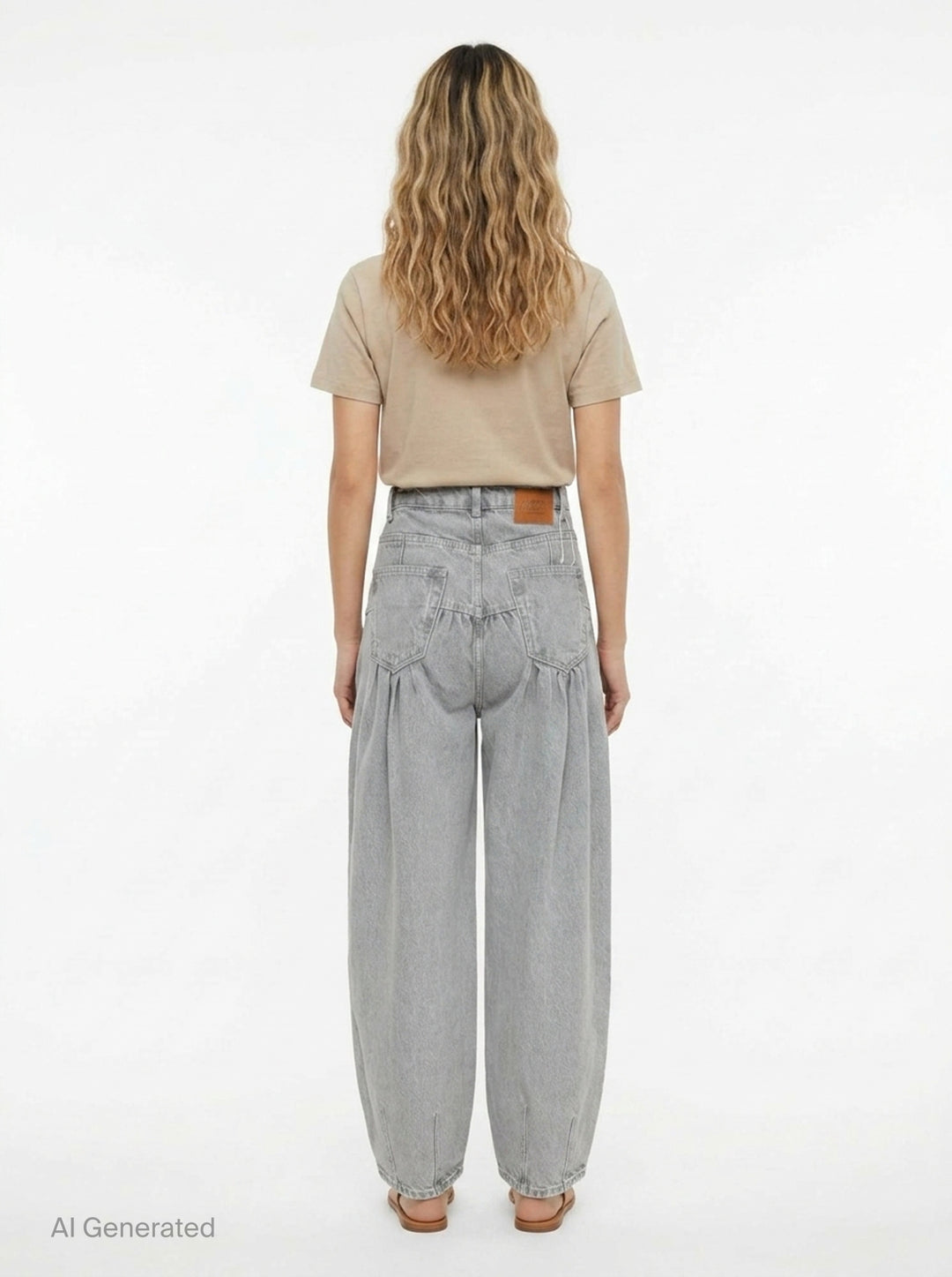 Ganni Rigid Denim Corset Jeans in light grey, featuring a high-rise waist, ruched corset seaming at the hip, and a wide balloon-leg silhouette tapering to small hem vents — front view on white background - back