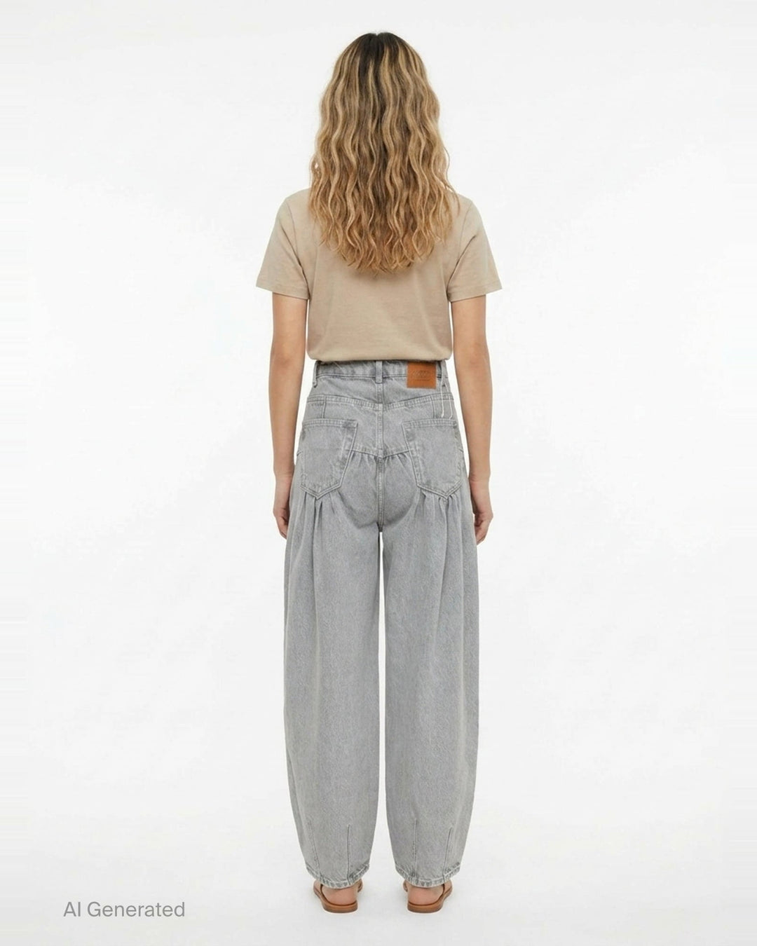 Ganni Rigid Denim Corset Jeans in light grey, featuring a high-rise waist, ruched corset seaming at the hip, and a wide balloon-leg silhouette tapering to small hem vents — front view on white background - back