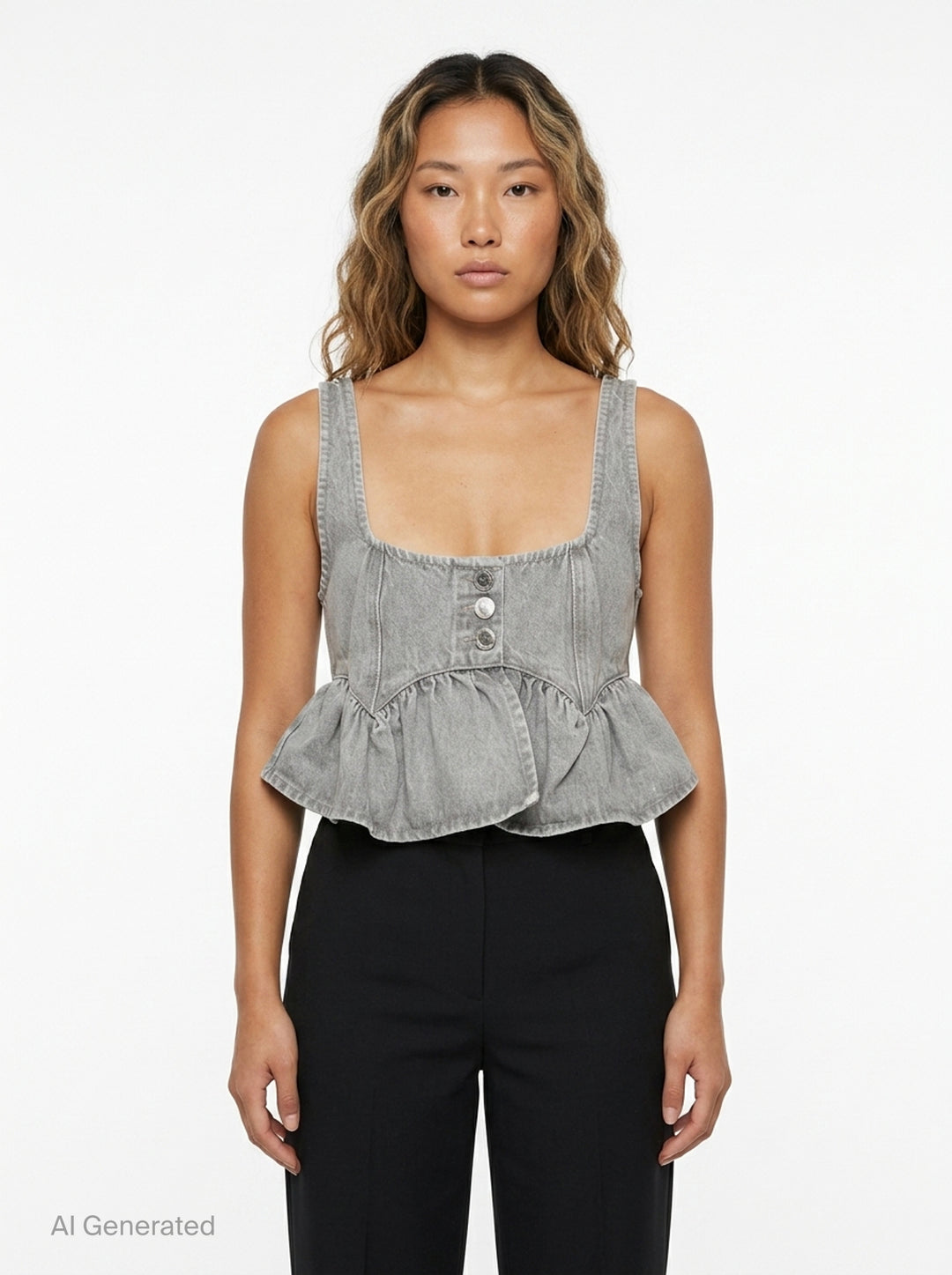 Ganni Rigid Denim Flounce Top in light grey wash, featuring a structured seamed bodice, three branded silver snap buttons at the centre front, wide shoulder straps, scoop neckline, and a gathered peplum ruffle hem - front